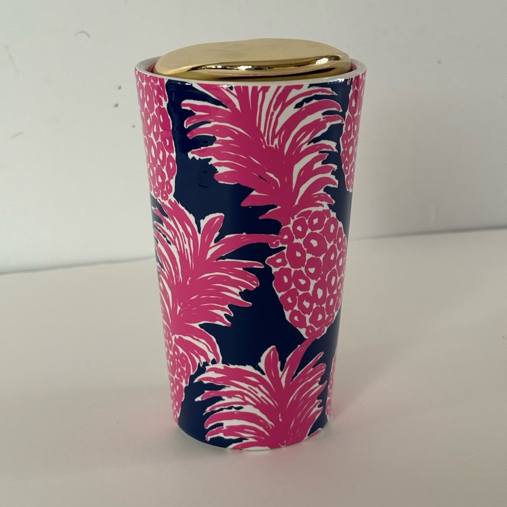 Lilly Pulitzer Flamenco Pineapple Ceramic Pink and Blue Travel Mug NWT - Picture 2 of 9
